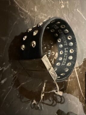 Black Studded Leather Cuff Bracelet with Silver Accents